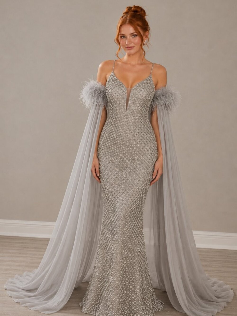 Ellie Wilde Size 4 Silver Beaded Gown w/ Matching Feather Cape NWOT Store Stock